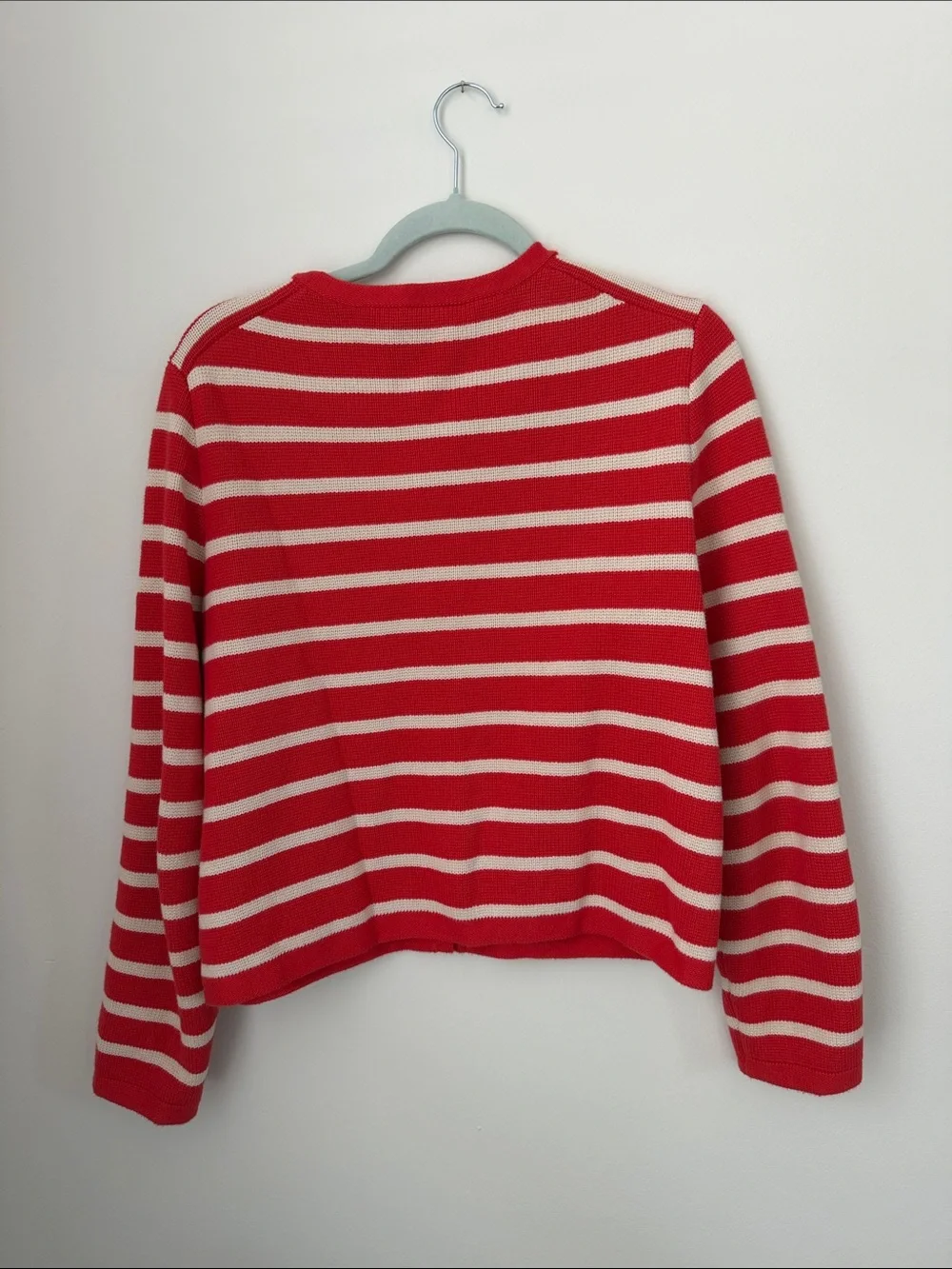 J. Crew Red and Cream Striped Crewneck Cardigan with Gold Buttons